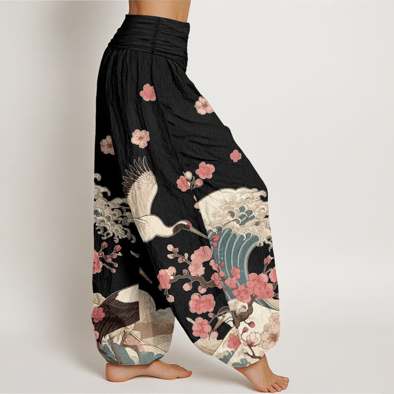 Pantalon harem taille élastique pour femme, en pur coton, à motifs de Buddha Stones, de grues, de fleurs de pêcher et d'océan - image 7