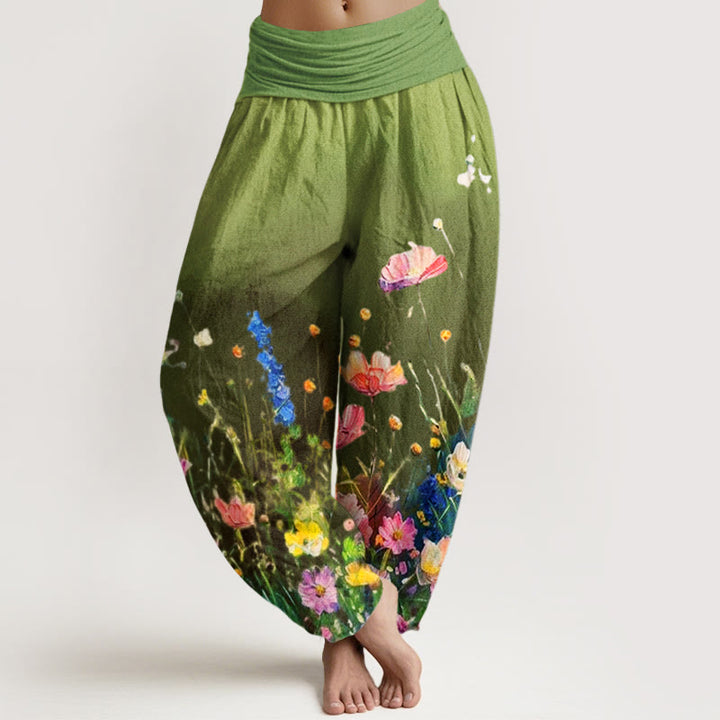 Pantalon harem femme en coton à motif floral aquarelle style décontracté avec Buddha Stones - Vert olive - US22，UK/AU26，EU54 (6XL) - image 4