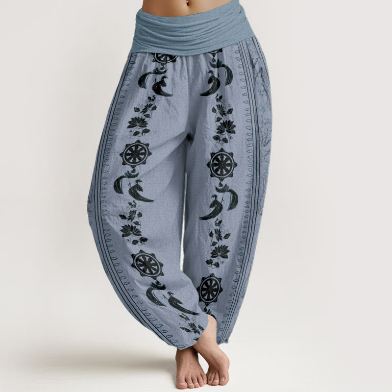 Pantalon sarouel à taille élastique pour femme, motif Buddha Stones, roue du Dharma, lotus OM, pur coton - Bleu acier clair - US22，UK/AU26，EU54 (6XL) - image 0