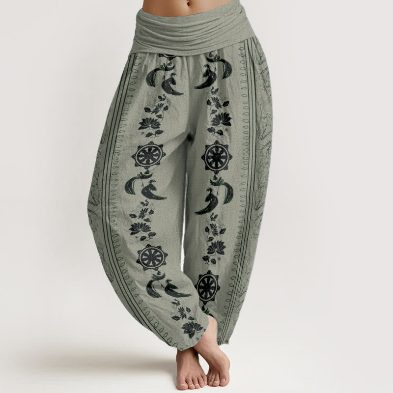 Pantalon sarouel à taille élastique pour femme, motif Buddha Stones, roue du Dharma, lotus OM, pur coton - Vert foncé - US22，UK/AU26，EU54 (6XL) - image 5