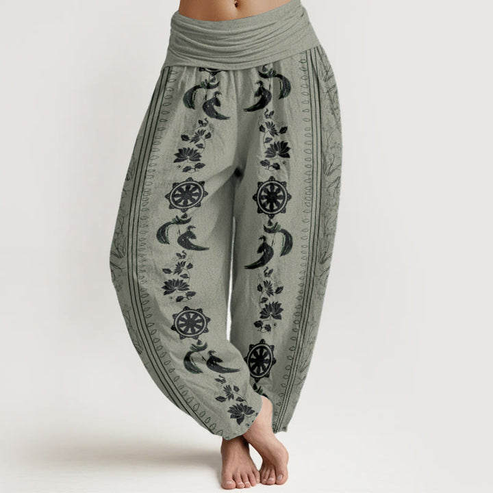 Pantalon sarouel à taille élastique pour femme, motif Buddha Stones, roue du Dharma, lotus OM, pur coton - Vert foncé - US22，UK/AU26，EU54 (6XL) - image 5