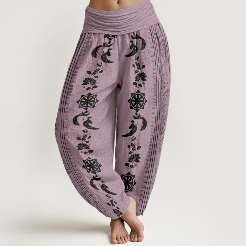 Pantalon sarouel à taille élastique pour femme, motif Buddha Stones, roue du Dharma, lotus OM, pur coton - Violet - US22，UK/AU26，EU54 (6XL) - image 8
