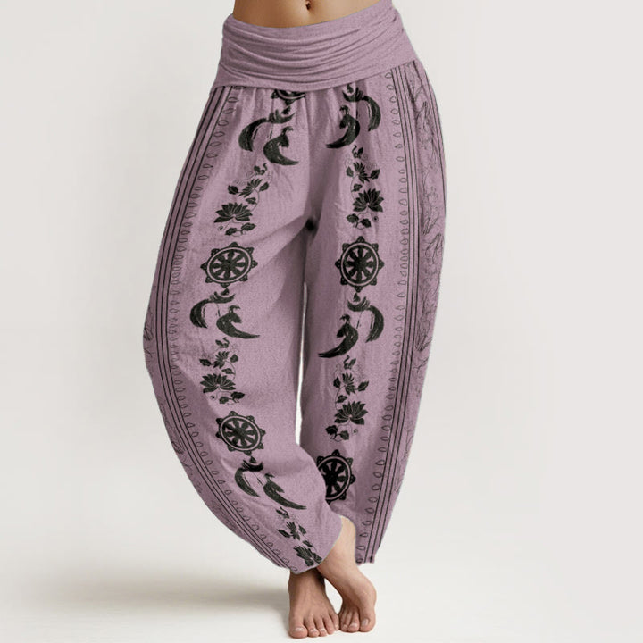 Pantalon sarouel à taille élastique pour femme, motif Buddha Stones, roue du Dharma, lotus OM, pur coton - Violet - US22，UK/AU26，EU54 (6XL) - image 8