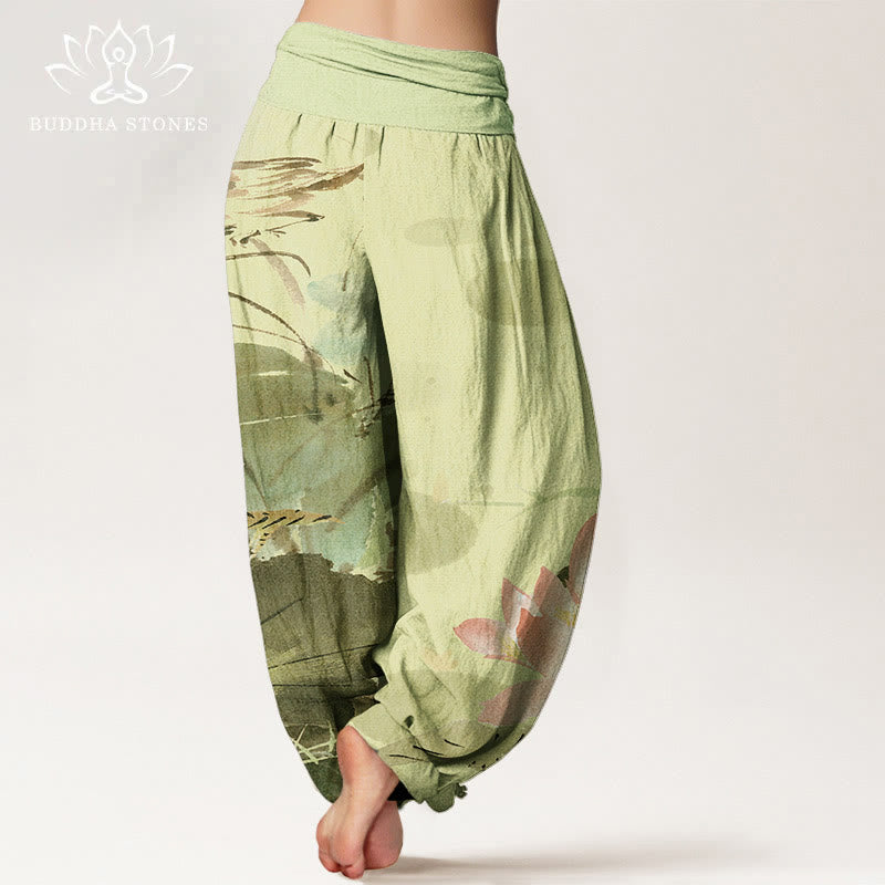 Pantalon harem à taille élastique pour femme, en coton rose à motif de feuilles de lotus et d'oiseaux, avec Buddha Stones - image 1