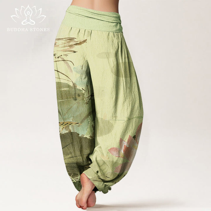 Pantalon harem à taille élastique pour femme, en coton rose à motif de feuilles de lotus et d'oiseaux, avec Buddha Stones - image 1