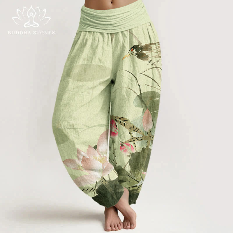 Pantalon harem à taille élastique pour femme, en coton rose à motif de feuilles de lotus et d'oiseaux, avec Buddha Stones - Kaki - US22，UK/AU26，EU54 (6XL) - image 0