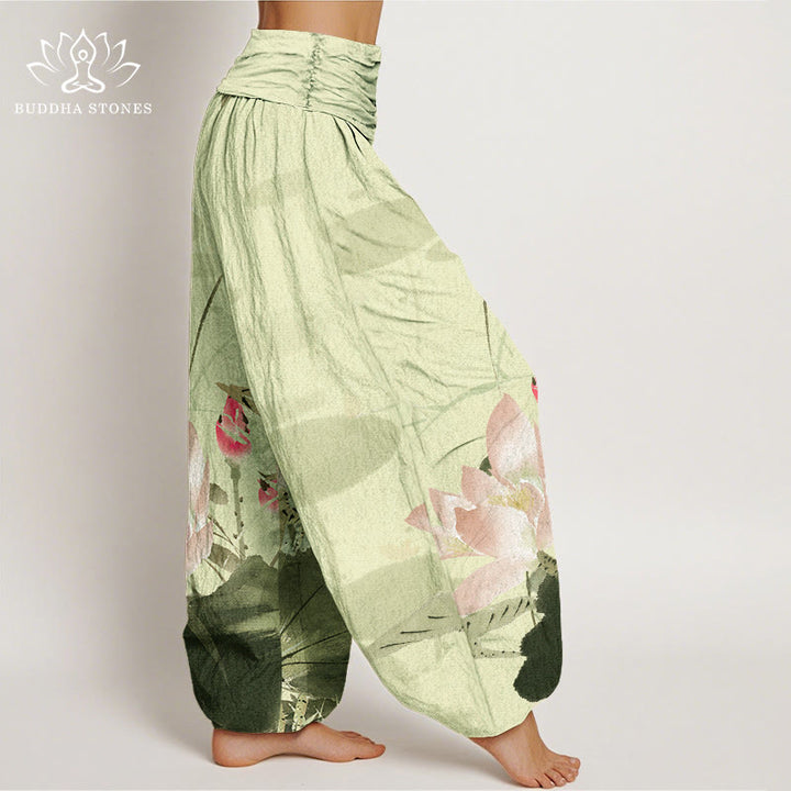 Pantalon harem à taille élastique pour femme, en coton rose à motif de feuilles de lotus et d'oiseaux, avec Buddha Stones - image 2