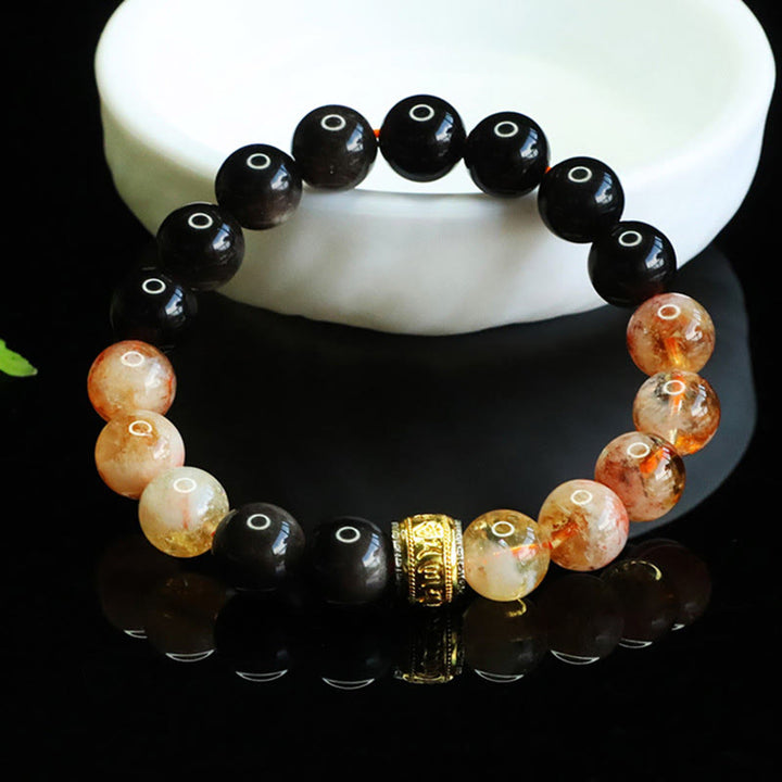 Bracelet de protection en obsidienne argentée et citrine avec Buddha Stones Om Mani Padme Hum - image 2