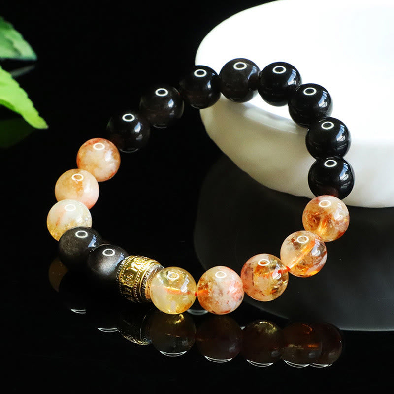 Bracelet de protection en obsidienne argentée et citrine avec Buddha Stones Om Mani Padme Hum - image 1