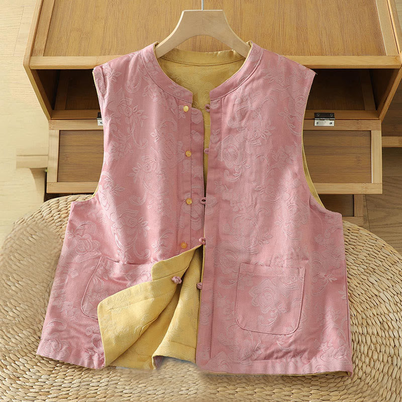 Gilet sans manches en coton pour femme, motif fleurs et Buddha Stones, fermeture à boutons brandebourg. - Rose - US8-10，UK/AU12-14，EU40-42 (2XL) - image 0