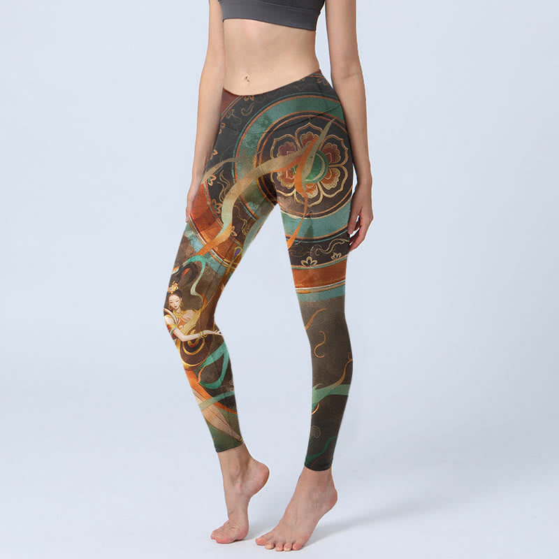 Leggings de yoga pour femmes, imprimé de motifs floraux et de rubans de luth féeriques colorés avec Buddha Stones - SaddleBrown - US18，UK/AU22，EU50 (4XL) - image 0