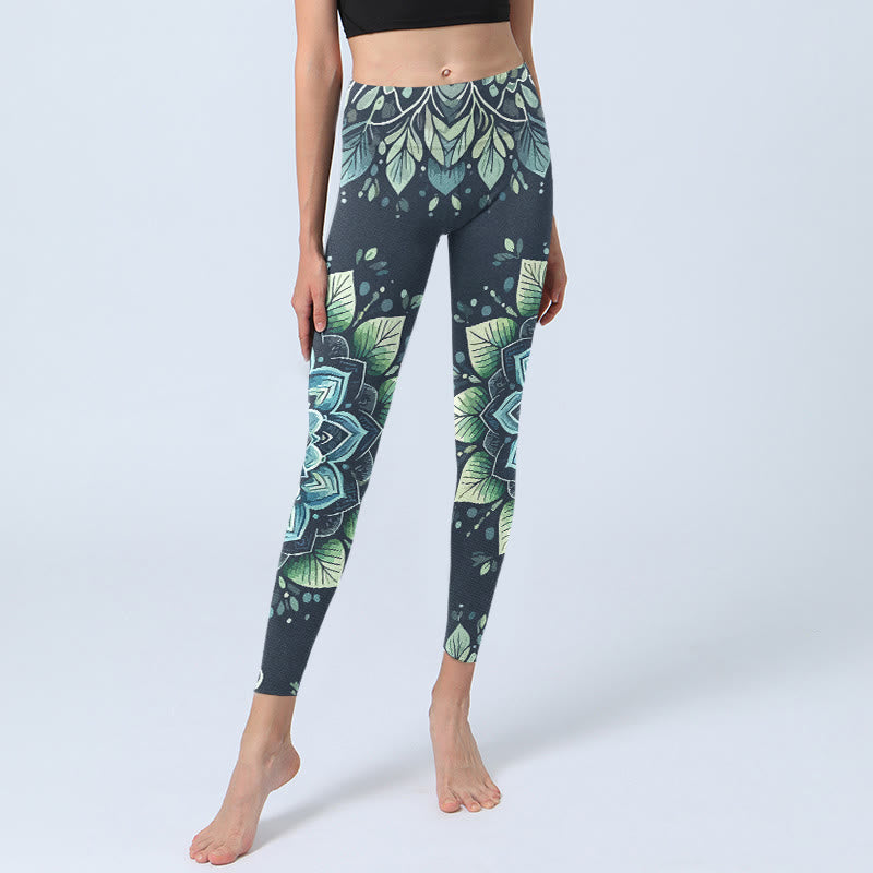 Leggings de sport pour femmes avec imprimé floral et symbole Om symétrique en forme de Buddha Stones - image 5
