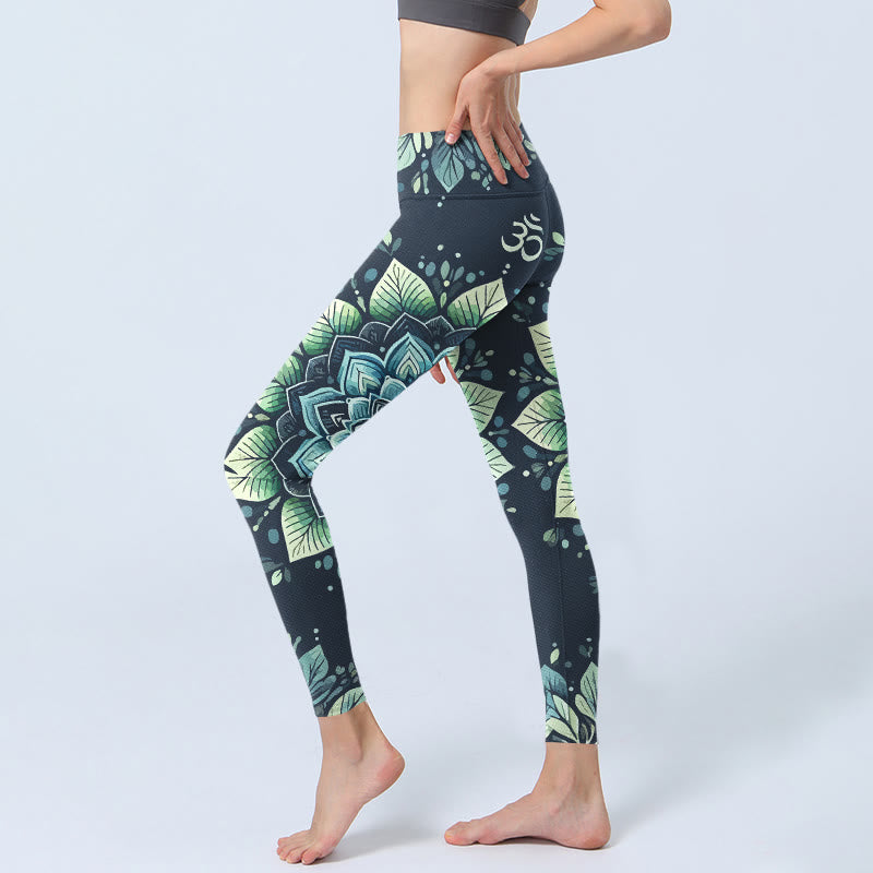 Leggings de sport pour femmes avec imprimé floral et symbole Om symétrique en forme de Buddha Stones - image 2