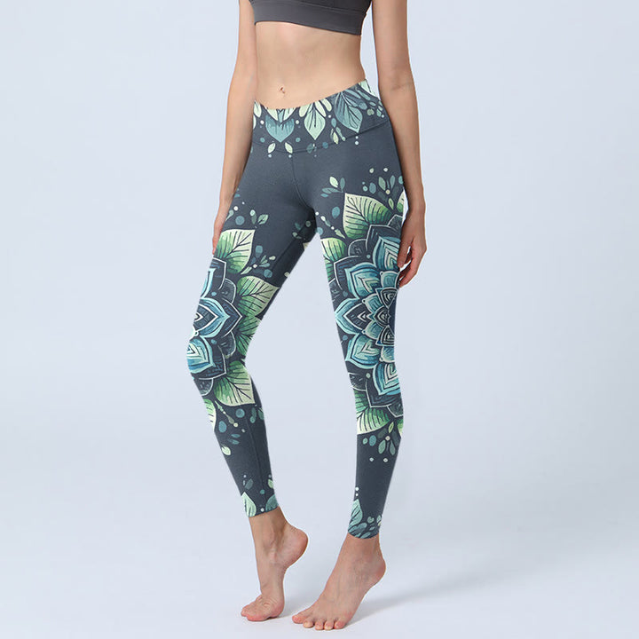 Leggings de sport pour femmes avec imprimé floral et symbole Om symétrique en forme de Buddha Stones - Sarcelle - US18，UK/AU22，EU50 (4XL) - image 0