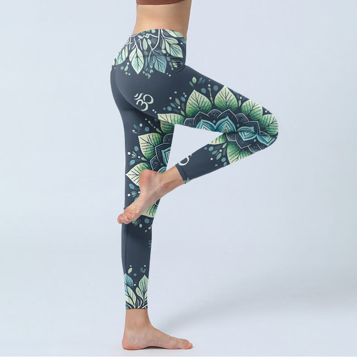 Leggings de sport pour femmes avec imprimé floral et symbole Om symétrique en forme de Buddha Stones - image 3
