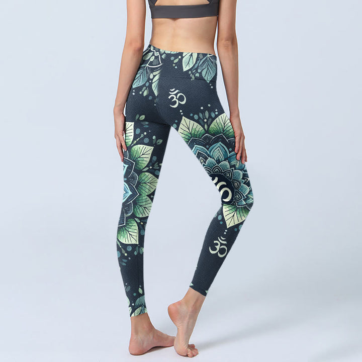 Leggings de sport pour femmes avec imprimé floral et symbole Om symétrique en forme de Buddha Stones - image 4