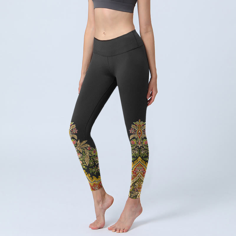 Leggings de yoga pour femmes, imprimé fleurs et feuilles aux tons chauds et délicats, Buddha Stones - Noir - US18，UK/AU22，EU50 (4XL) - image 0