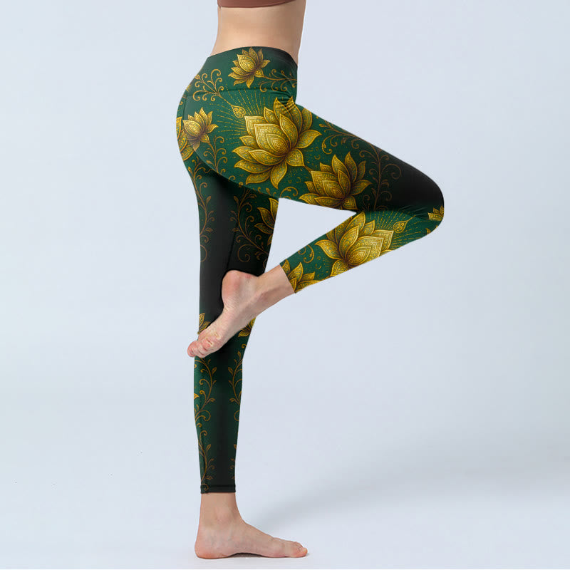 Leggings de sport pour femmes avec imprimé lotus doré et Buddha Stones - image 3