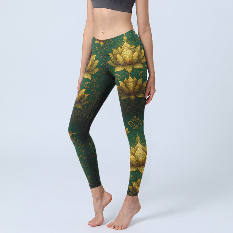 Leggings de sport pour femmes avec imprimé lotus doré et Buddha Stones - Vert foncé - US18，UK/AU22，EU50 (4XL) - image 0