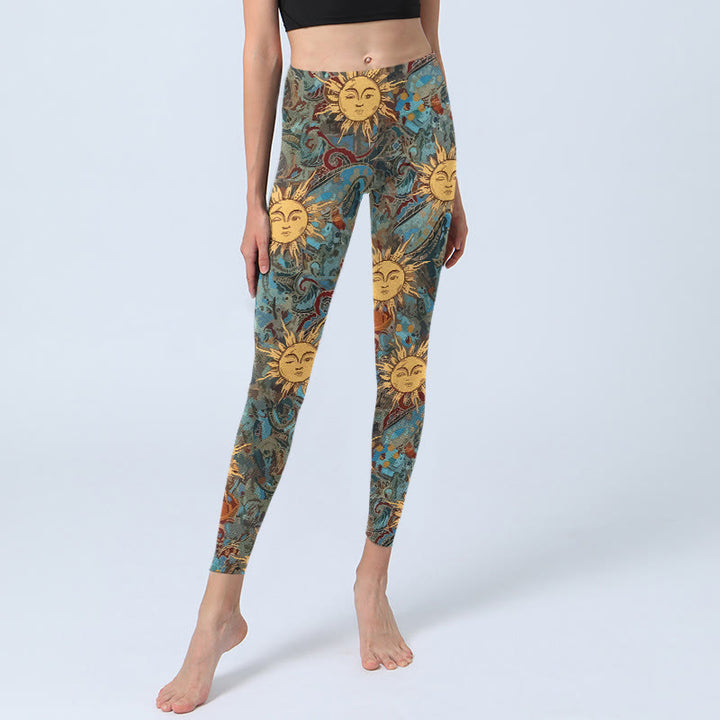 Leggings de sport pour femmes avec imprimé soleil doré personnifié et Buddha Stones - image 5