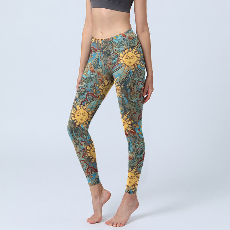 Leggings de sport pour femmes avec imprimé soleil doré personnifié et Buddha Stones - DarkCyan - US18，UK/AU22，EU50 (4XL) - image 0