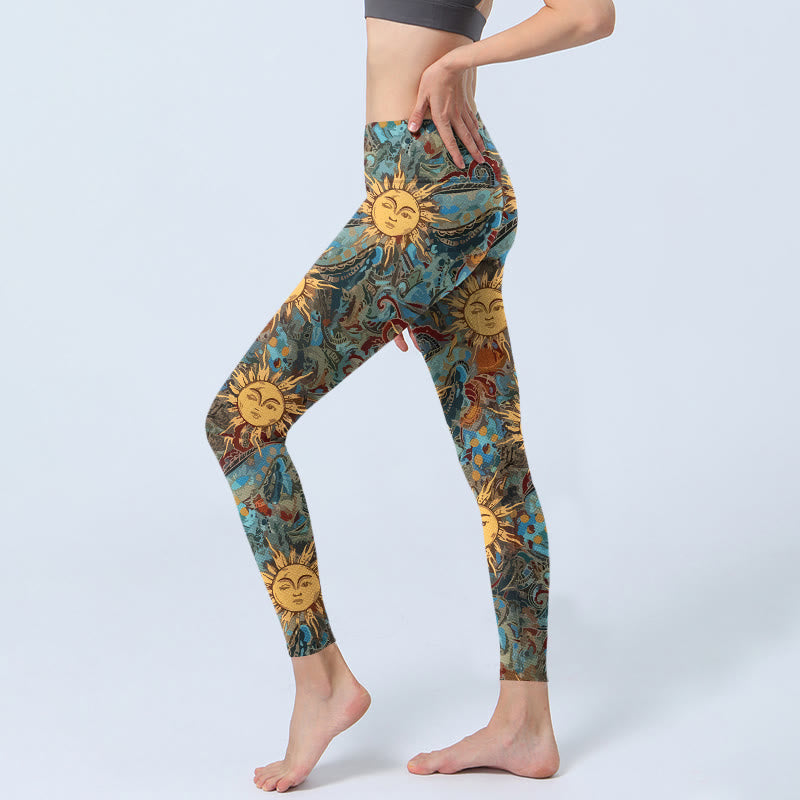 Leggings de sport pour femmes avec imprimé soleil doré personnifié et Buddha Stones - image 2