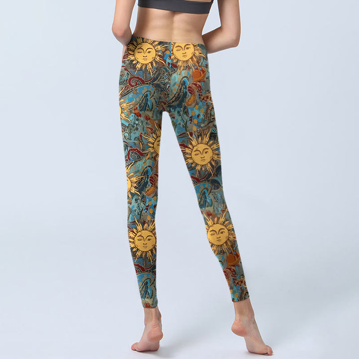 Leggings de sport pour femmes avec imprimé soleil doré personnifié et Buddha Stones - image 6