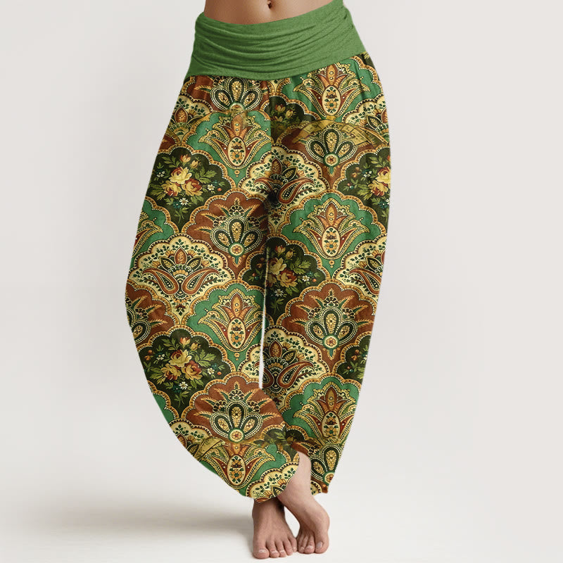 Pantalon harem à taille élastique pour femme, en coton à motif répétitif de fleurs et de feuilles en forme d'éventail et de Buddha Stones - Vert - US16，UK/AU20，EU48 (3XL) - image 0