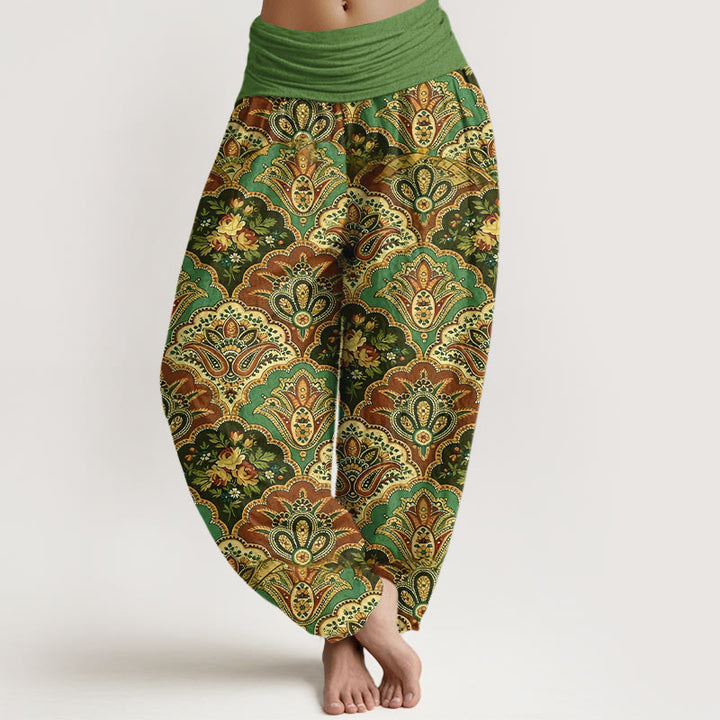 Pantalon harem à taille élastique pour femme, en coton à motif répétitif de fleurs et de feuilles en forme d'éventail et de Buddha Stones - Vert - US16，UK/AU20，EU48 (3XL) - image 0