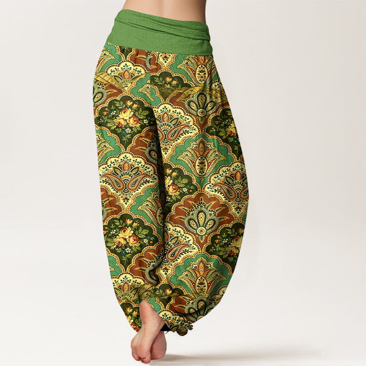 Pantalon harem à taille élastique pour femme, en coton à motif répétitif de fleurs et de feuilles en forme d'éventail et de Buddha Stones - image 1