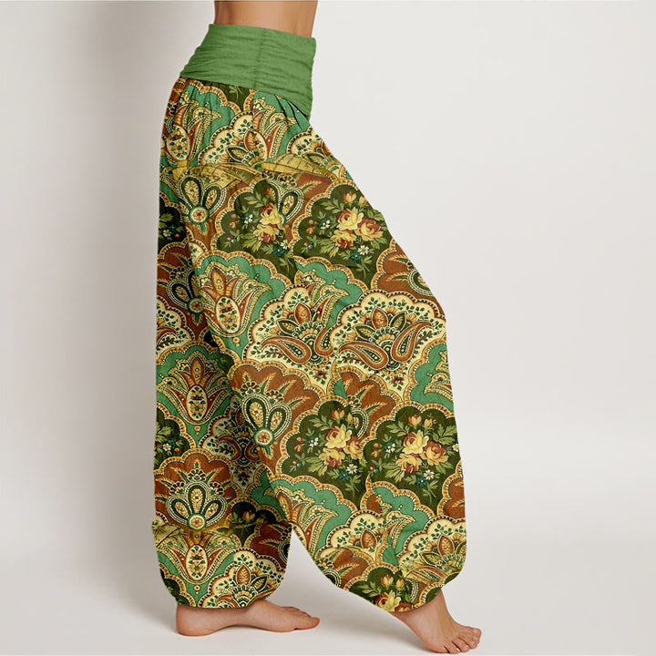 Pantalon harem à taille élastique pour femme, en coton à motif répétitif de fleurs et de feuilles en forme d'éventail et de Buddha Stones - image 2