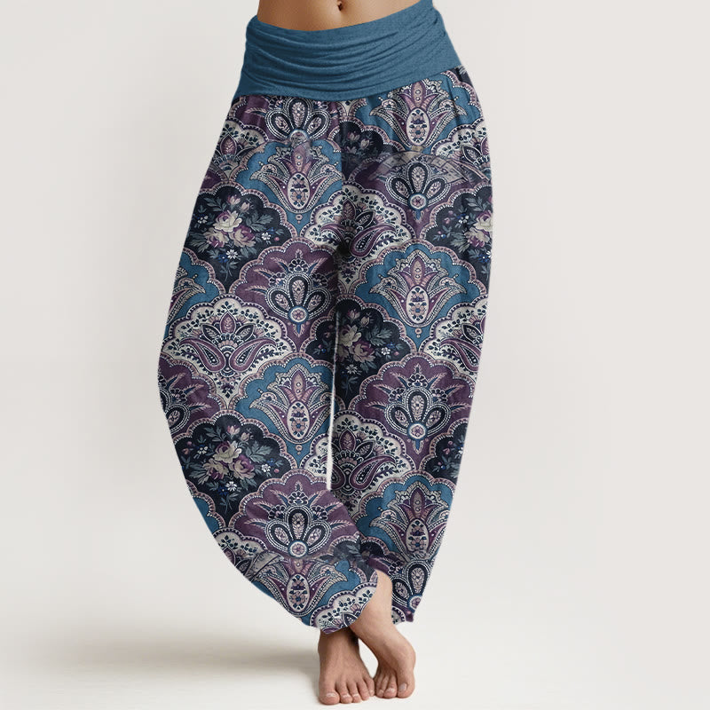 Pantalon harem à taille élastique pour femme, en coton à motif répétitif de fleurs et de feuilles en forme d'éventail et de Buddha Stones - SteelBlue - US16，UK/AU20，EU48 (3XL) - image 5
