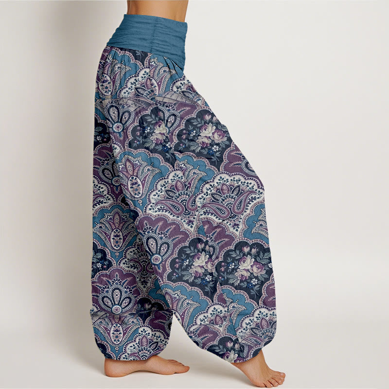 Pantalon harem à taille élastique pour femme, en coton à motif répétitif de fleurs et de feuilles en forme d'éventail et de Buddha Stones - image 7