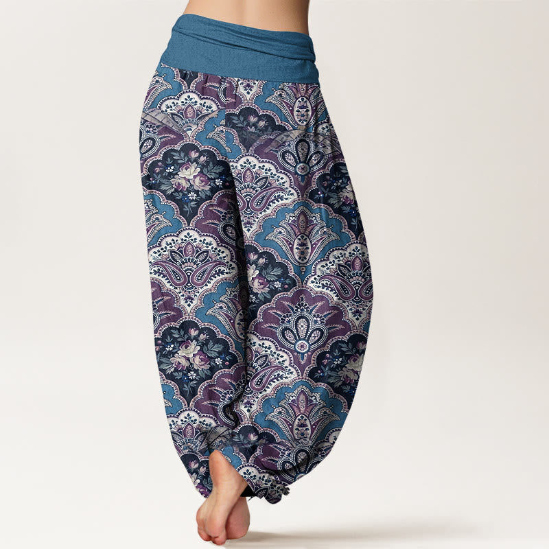 Pantalon harem à taille élastique pour femme, en coton à motif répétitif de fleurs et de feuilles en forme d'éventail et de Buddha Stones - image 6