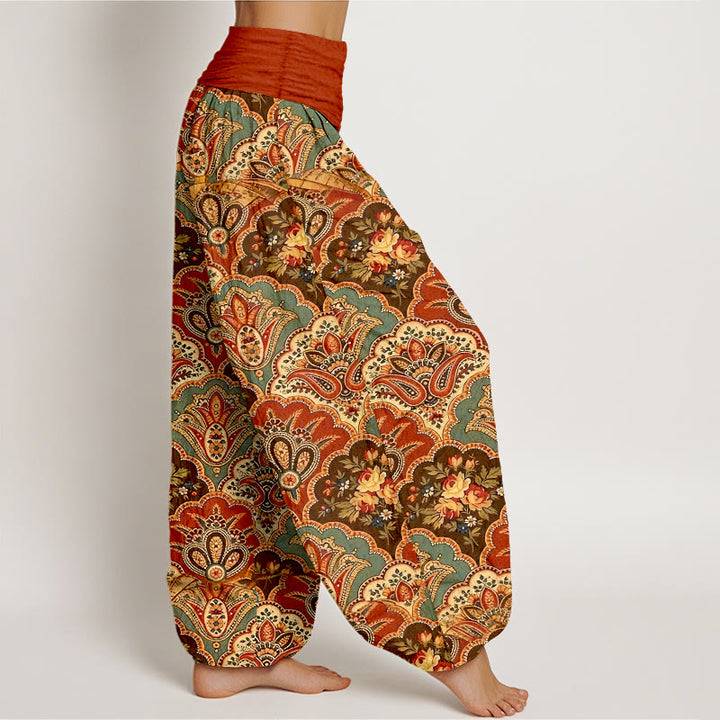 Pantalon harem à taille élastique pour femme, en coton à motif répétitif de fleurs et de feuilles en forme d'éventail et de Buddha Stones - image 10