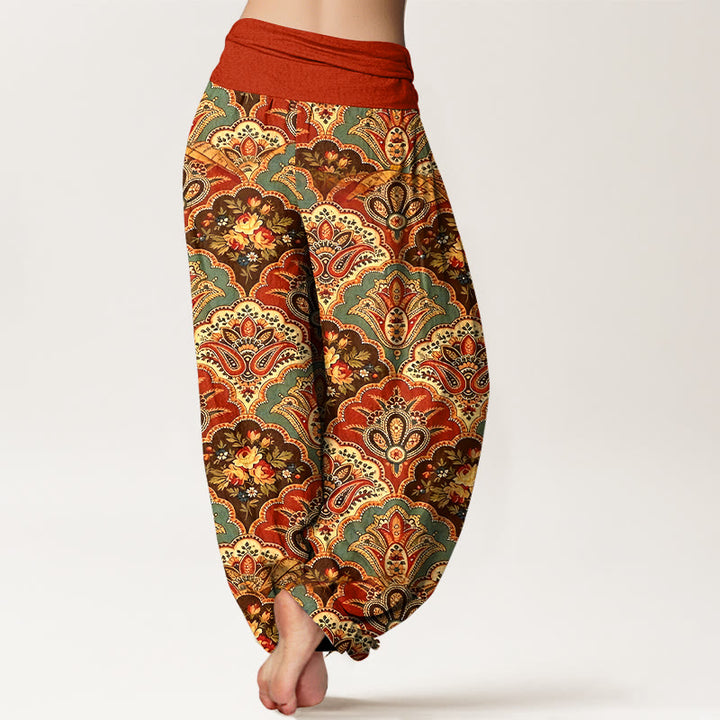 Pantalon harem à taille élastique pour femme, en coton à motif répétitif de fleurs et de feuilles en forme d'éventail et de Buddha Stones - image 9