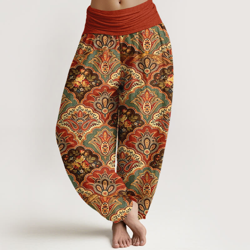 Pantalon harem à taille élastique pour femme, en coton à motif répétitif de fleurs et de feuilles en forme d'éventail et de Buddha Stones - FireBrick - US16，UK/AU20，EU48 (3XL) - image 8
