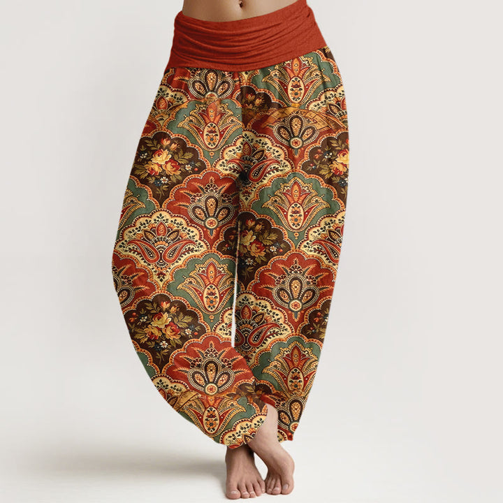 Pantalon harem à taille élastique pour femme, en coton à motif répétitif de fleurs et de feuilles en forme d'éventail et de Buddha Stones - FireBrick - US16，UK/AU20，EU48 (3XL) - image 8
