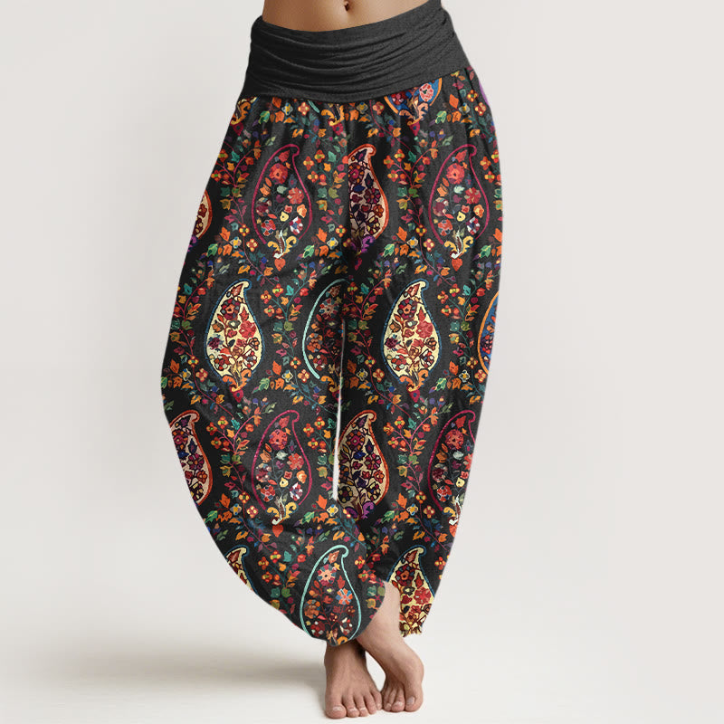 Pantalon harem à taille élastique pour femme, en coton à motif floral rétro aux couleurs vives et Buddha Stones - Noir - US16，UK/AU20，EU48 (3XL) - image 0