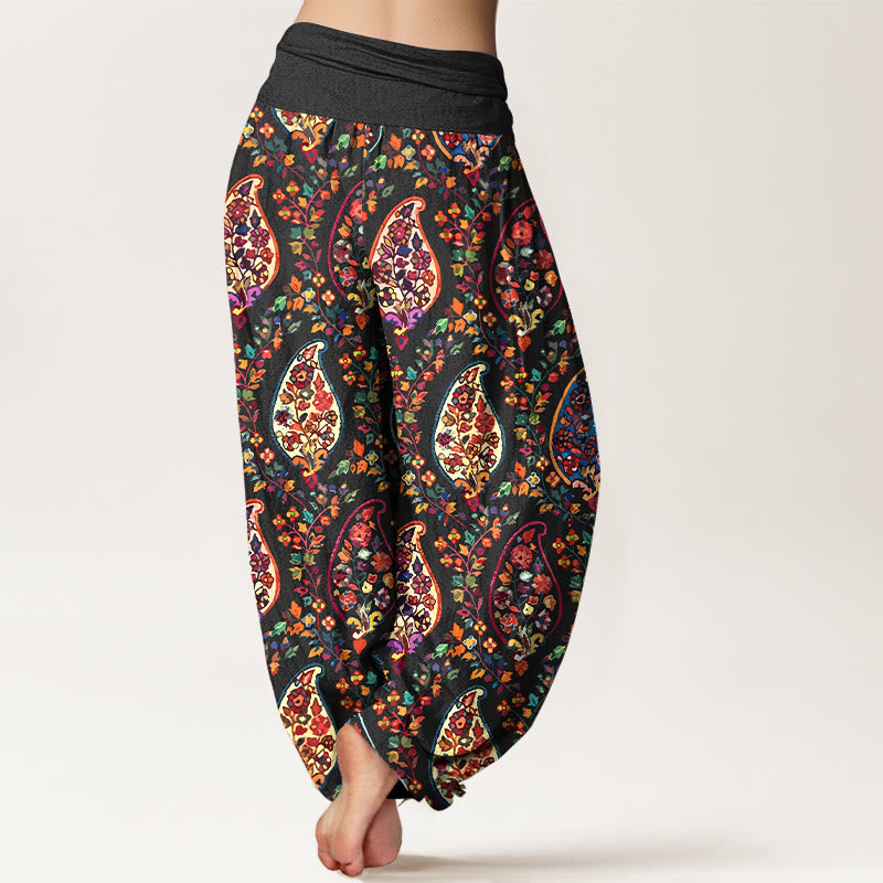 Pantalon harem à taille élastique pour femme, en coton à motif floral rétro aux couleurs vives et Buddha Stones - image 1