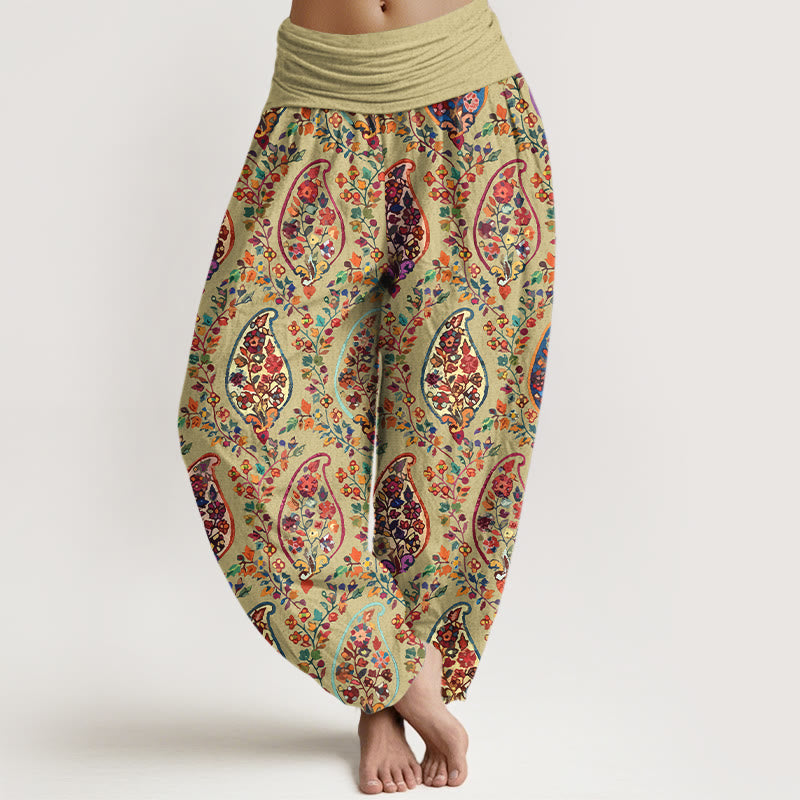 Pantalon harem à taille élastique pour femme, en coton à motif floral rétro aux couleurs vives et Buddha Stones - JauneVert - US16，UK/AU20，EU48 (3XL) - image 5