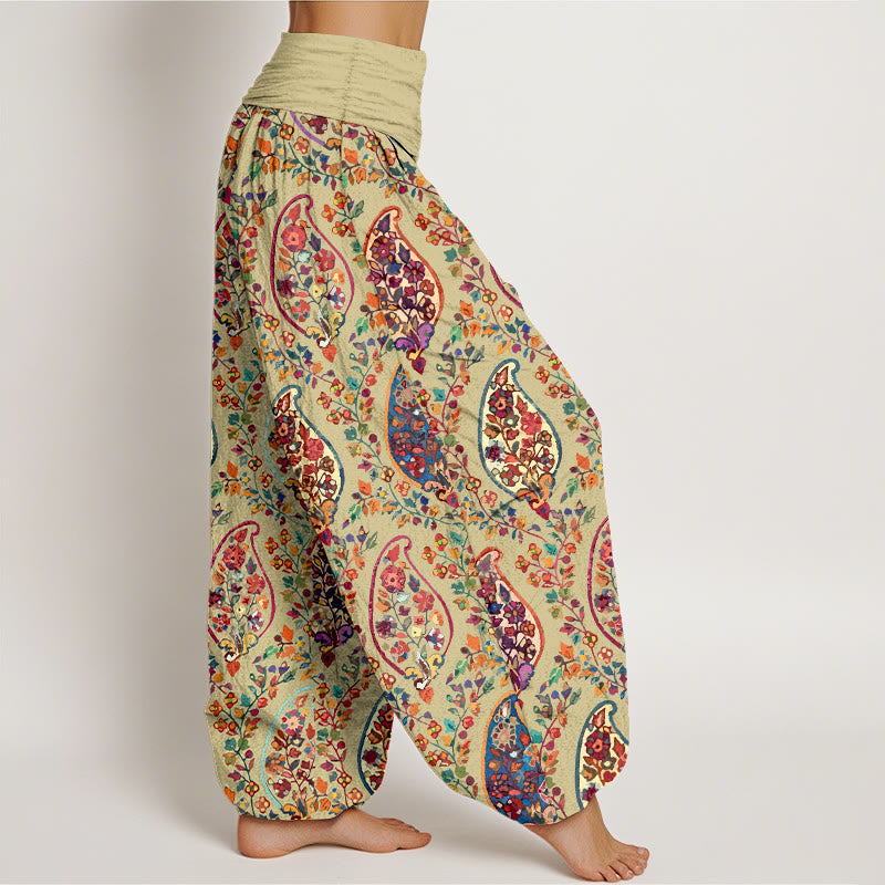 Pantalon harem à taille élastique pour femme, en coton à motif floral rétro aux couleurs vives et Buddha Stones - image 7