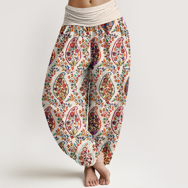 Pantalon harem à taille élastique pour femme, en coton à motif floral rétro aux couleurs vives et Buddha Stones - Beige - US16，UK/AU20，EU48 (3XL) - image 8