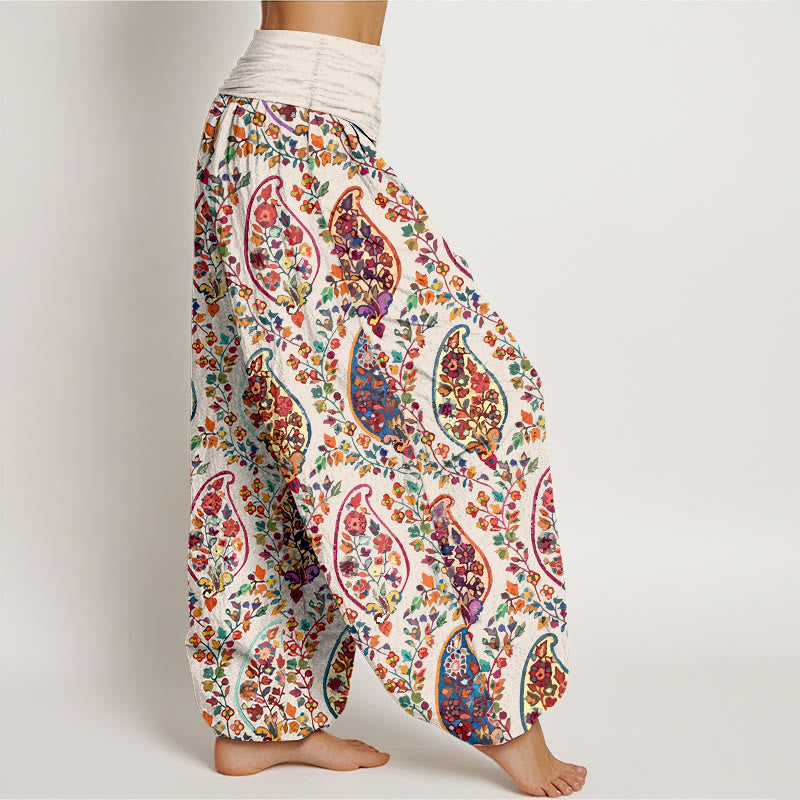 Pantalon harem à taille élastique pour femme, en coton à motif floral rétro aux couleurs vives et Buddha Stones - image 10