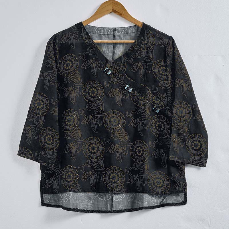 Chemise à manches longues pour femme, col en V, imprimé floral, motif Buddha Stones - image 12