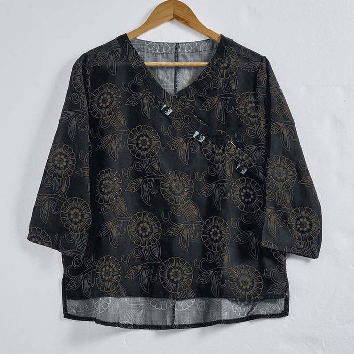 Chemise à manches longues pour femme, col en V, imprimé floral, motif Buddha Stones - image 12