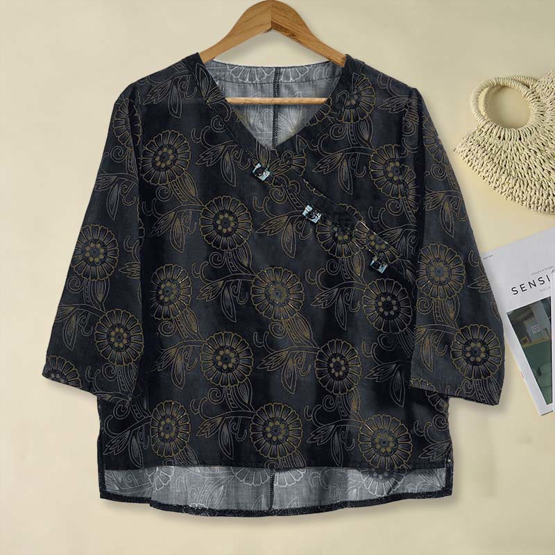 Chemise à manches longues pour femme, col en V, imprimé floral, motif Buddha Stones - Noir - US8-10，UK/AU12-14，EU40-42 (2XL) - image 11