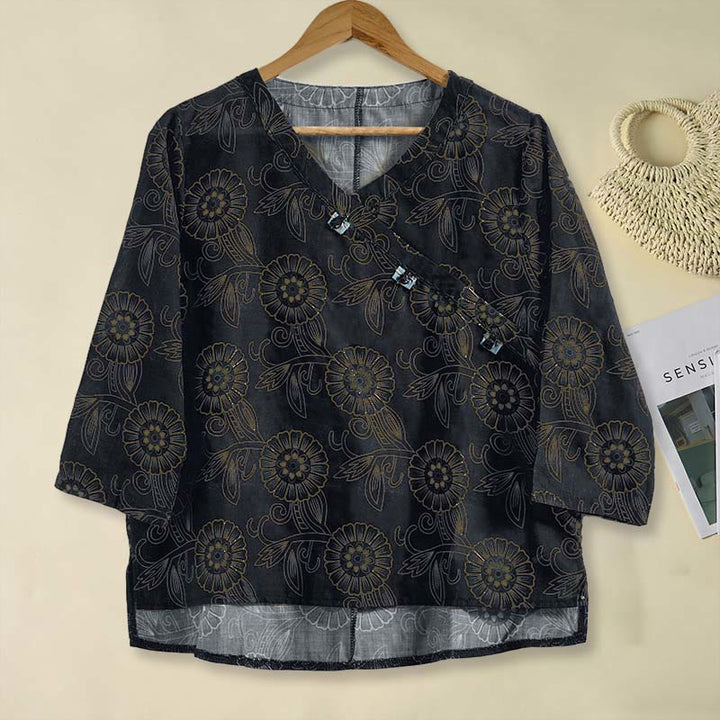 Chemise à manches longues pour femme, col en V, imprimé floral, motif Buddha Stones - Noir - US8-10，UK/AU12-14，EU40-42 (2XL) - image 11