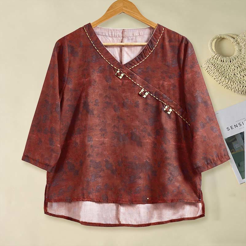 Chemise à manches longues pour femme, col en V, imprimé floral, motif Buddha Stones - FireBrick - US8-10，UK/AU12-14，EU40-42 (2XL) - image 14