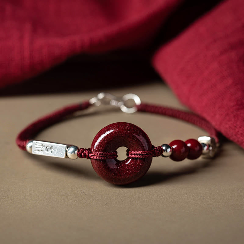 Bracelet en argent sterling 925 avec boucle de la paix et cordon tressé en cinabre et Buddha Stones - Boucle à cordon rouge (Tour de poignet : 17-19 cm) - image 1